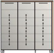 Vorderansicht eines XL-Schuhschranks mit drei Türen und modernem Design.