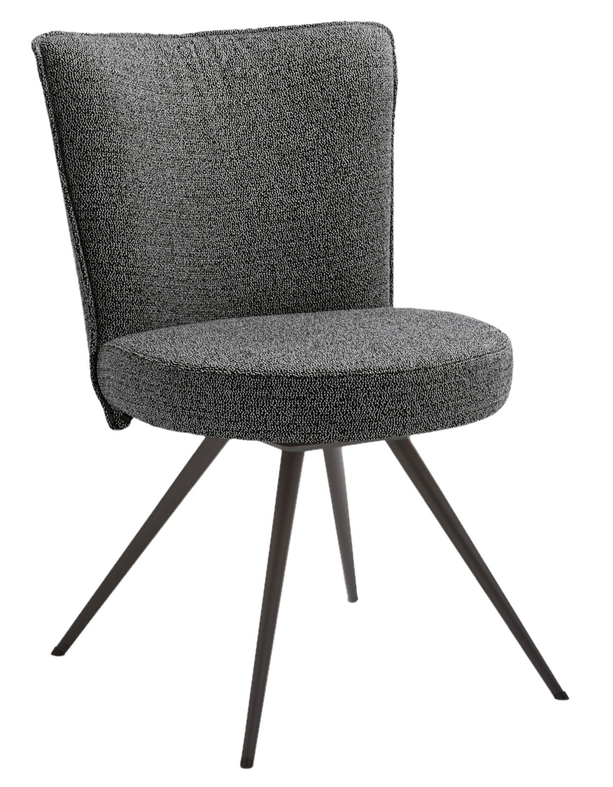 Moderner grauer Stuhl mit gepolsterter Rückenlehne und Sitzfläche, vier schlanke Metallbeine, seitliche Perspektive