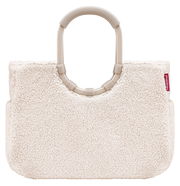 Vorderansicht einer cremefarbenen Tasche mit weichem, flauschigem Material und ovalem Griff.