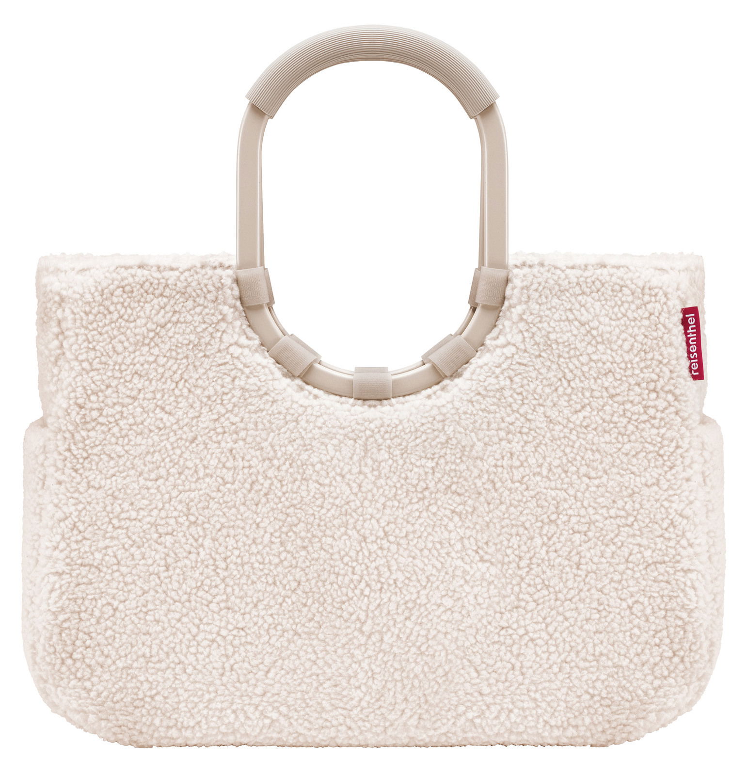 Vorderansicht einer cremefarbenen Tasche mit weichem, flauschigem Material und ovalem Griff.