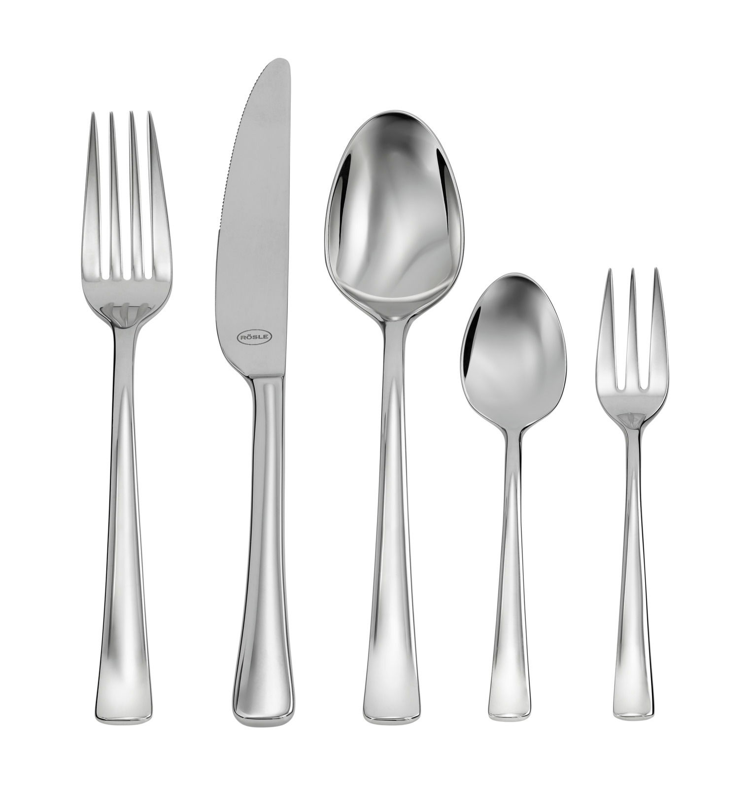 Rösle Besteck-Set 30-tlg. DESIO Besteck-Set aus Edelstahl, bestehend aus Gabel, Messer, Esslöffel, Teelöffel und Kuchengabel, frontal abgebildet.
