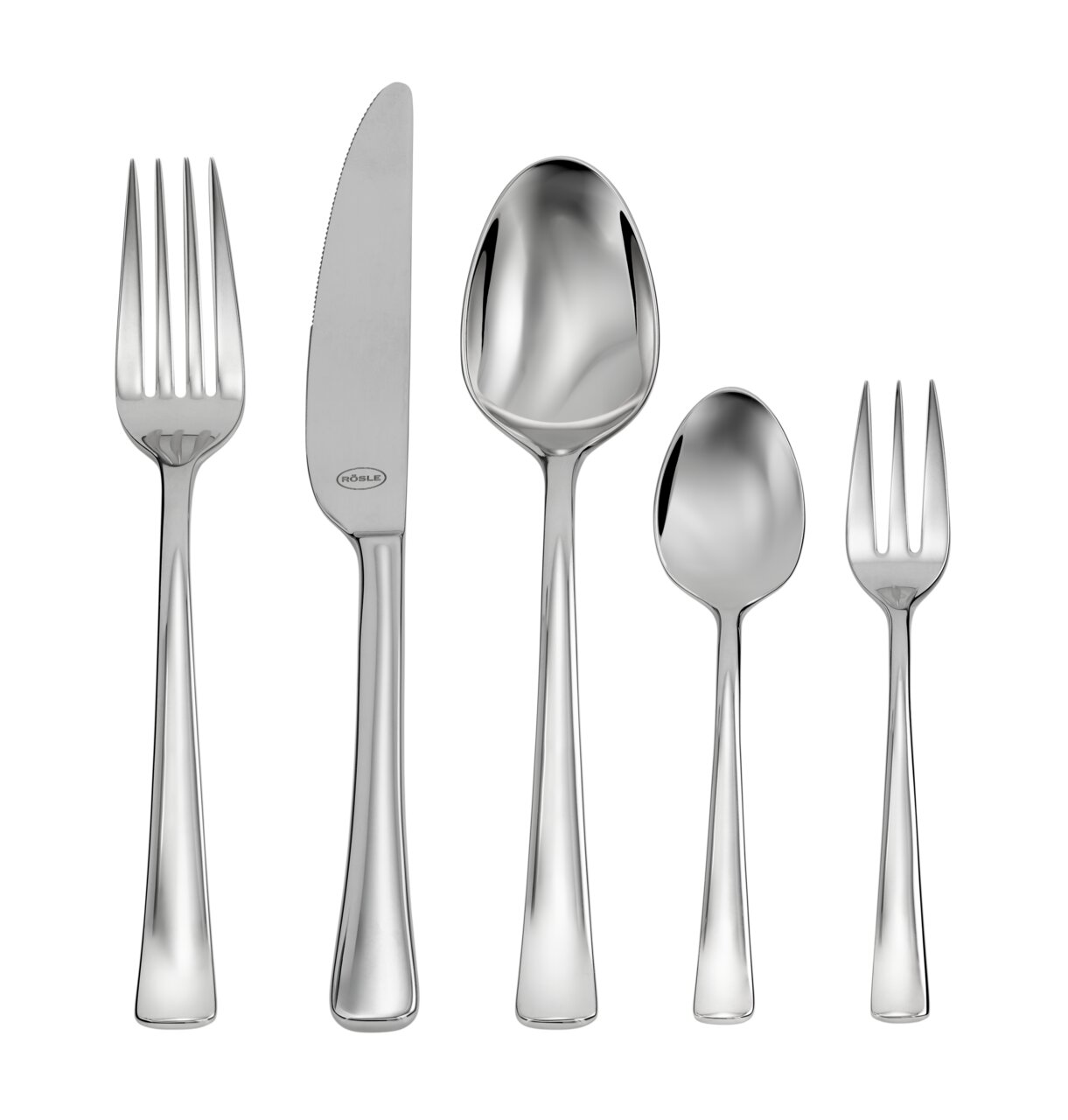 Besteck-Set aus Edelstahl, bestehend aus Gabel, Messer, Esslöffel, Teelöffel und Kuchengabel, frontal abgebildet.