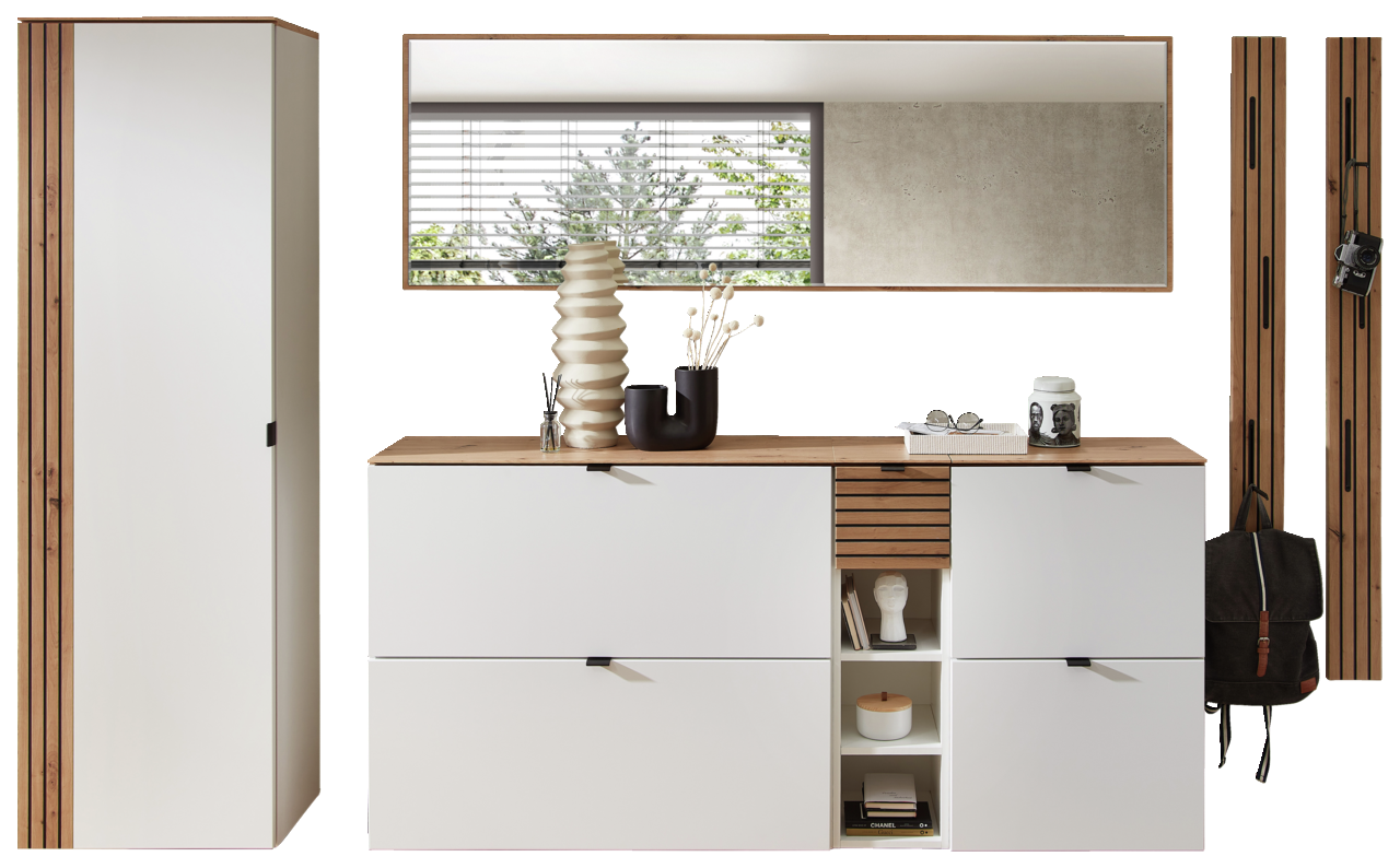 Voleo Garderoben-Set DIANA Garderoben-Set in Weiß mit Holzdetails, bestehend aus einem hohen Schrank, einer Kommode mit Dekoration und einem großen Spiegel. Frontale Perspektive.