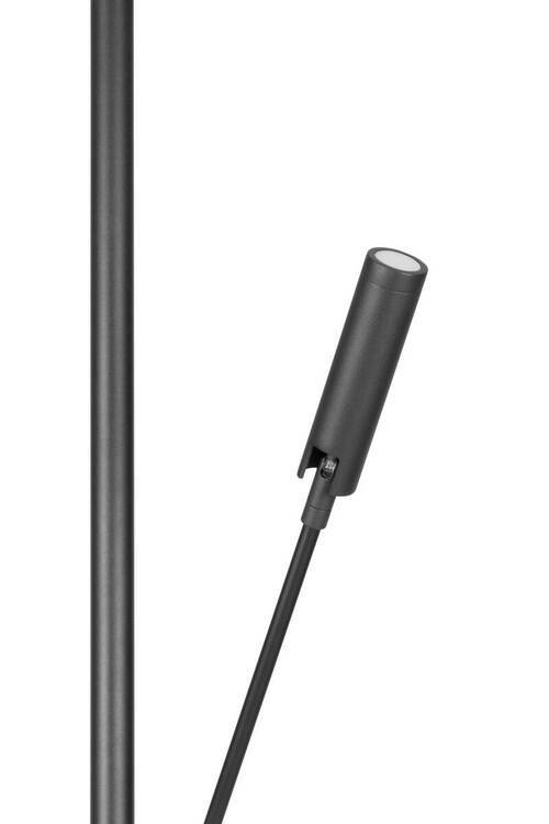 Nahaufnahme eines modernen LED-Deckenfluters in schwarzer Farbe mit schlankem Design.