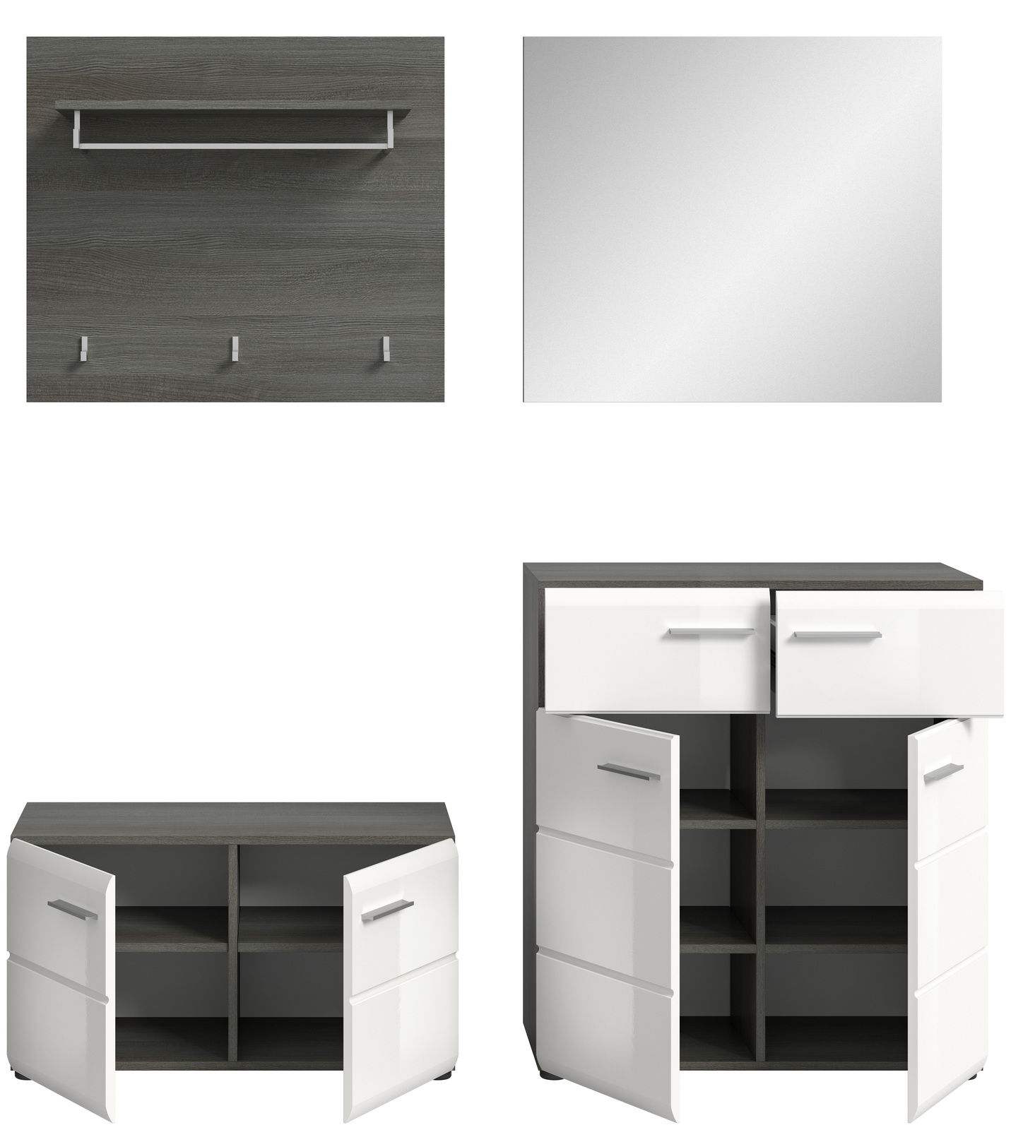 Garderobenkombination bestehend aus einem Wandpaneel mit Haken und Ablage, einem quadratischen Spiegel, einer niedrigen Kommode mit offenen Türen und einer hohen Kommode mit Schubladen und offenen Türen, Perspektive von vorne