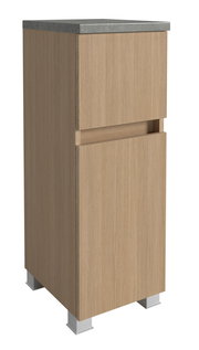 Moderner Unterschrank aus Holz mit grauer Arbeitsplatte, perspektivisch von vorne links gesehen.