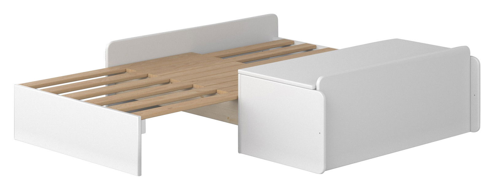 Weißes Sofabett mit ausziehbarem Lattenrost, seitliche Perspektive