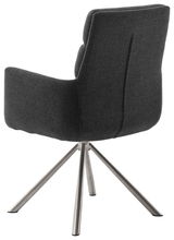 Rückansicht eines modernen Armlehnstuhls mit grauem Stoffbezug und Metallbeinen.