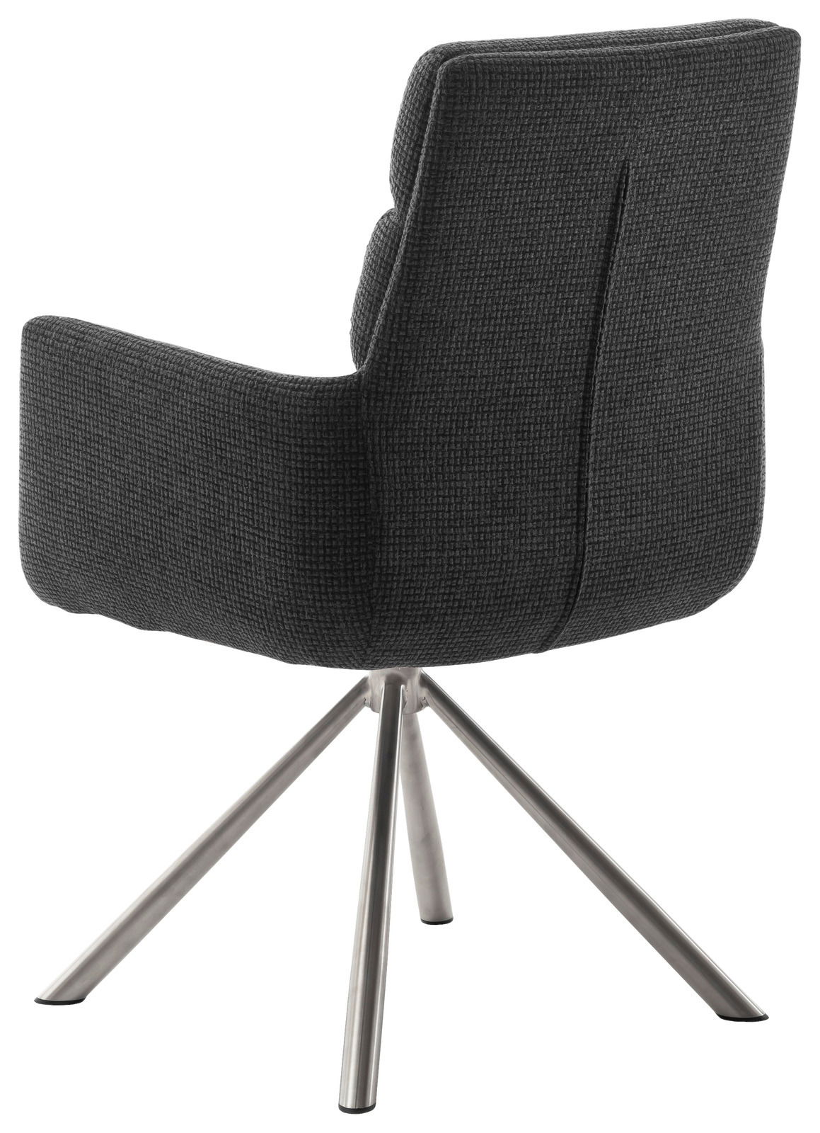 Rückansicht eines modernen Armlehnstuhls mit grauem Stoffbezug und Metallbeinen.