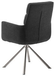 Rückansicht eines modernen Armlehnstuhls mit grauem Stoffbezug und Metallbeinen.