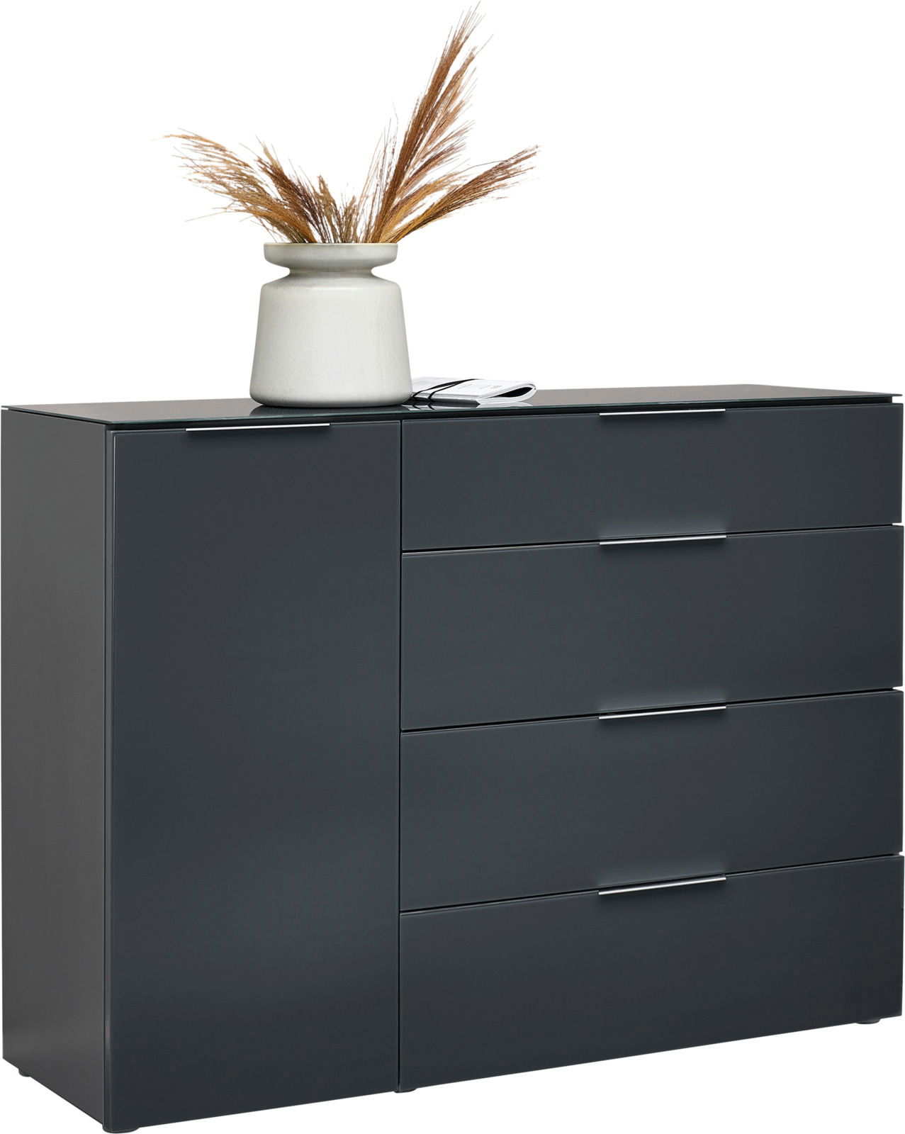 Voleo Kombikommode MALIN Moderne Kombikommode in dunklem Grau mit vier Schubladen und einer Tür, dekoriert mit einer Vase mit Trockenblumen, seitliche Perspektive