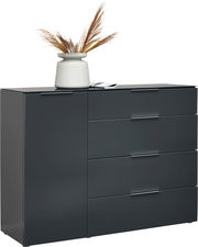 Moderne Kombikommode in dunklem Grau mit vier Schubladen und einer Tür, dekoriert mit einer Vase mit Trockenblumen, seitliche Perspektive