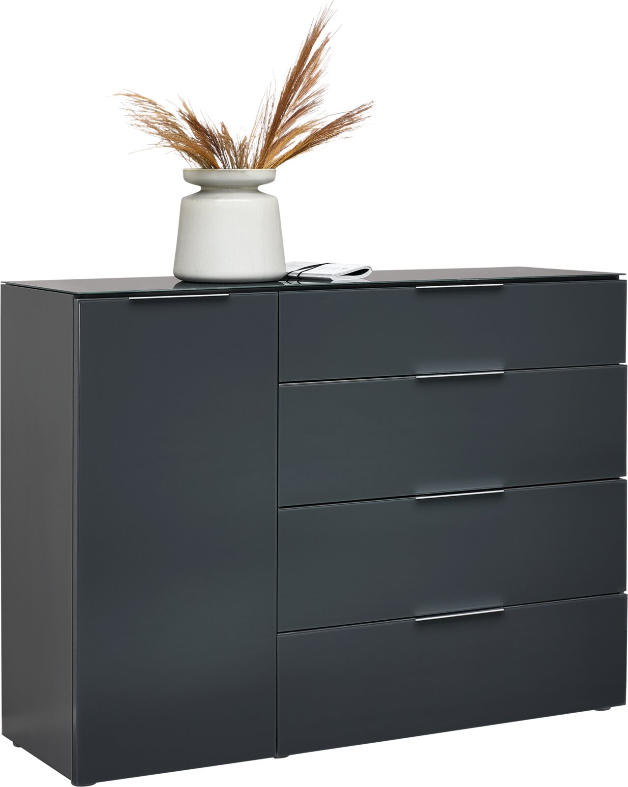 Moderne Kombikommode in dunklem Grau mit vier Schubladen und einer Tür, dekoriert mit einer Vase mit Trockenblumen, seitliche Perspektive