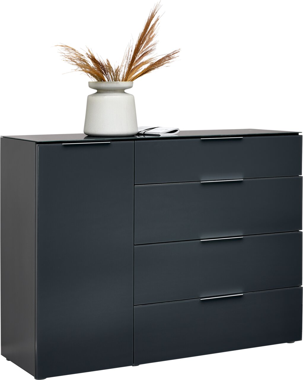Voleo Kombikommode MALIN Moderne Kombikommode in dunklem Grau mit vier Schubladen und einer Tür, dekoriert mit einer Vase mit Trockenblumen, seitliche Perspektive