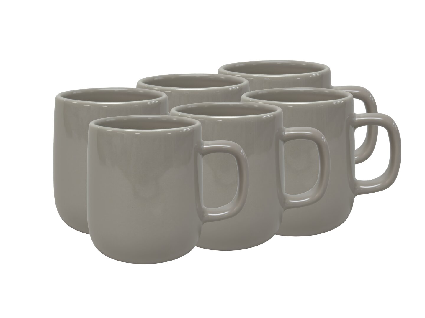 Sechs graue Kaffeebecher in einer diagonalen Anordnung, seitliche Perspektive