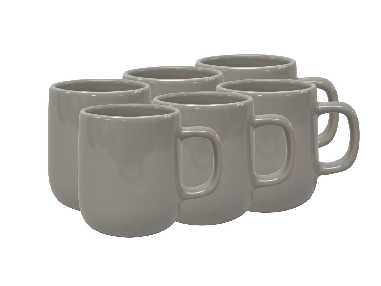 Sechs graue Kaffeebecher in einer diagonalen Anordnung, seitliche Perspektive