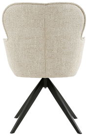 Rückansicht eines Armlehnstuhls mit beigem Stoffbezug und schwarzen Metallbeinen.