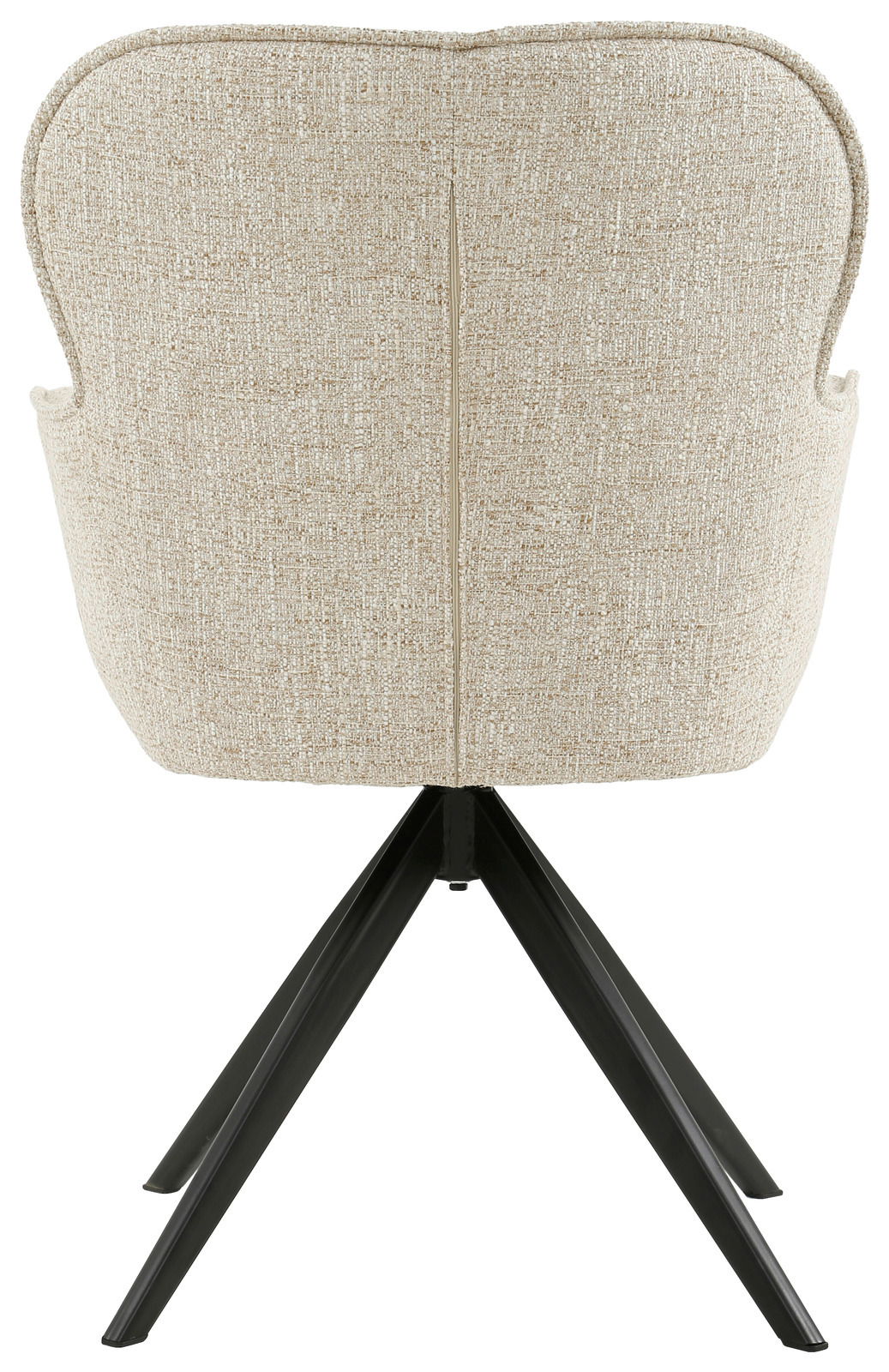Rückansicht eines Armlehnstuhls mit beigem Stoffbezug und schwarzen Metallbeinen.