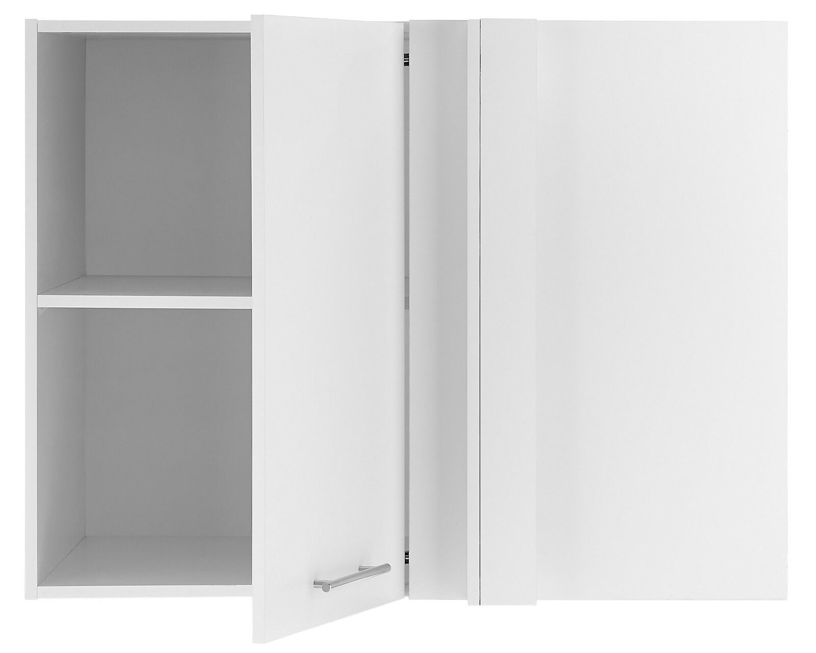 Weißer Eckschrank mit geöffneter Tür, zeigt zwei Regalböden, Frontalansicht