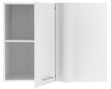 Weißer Eckschrank mit geöffneter Tür, zeigt zwei Regalböden, Frontalansicht