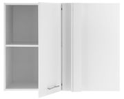 Weißer Eckschrank mit geöffneter Tür, zeigt zwei Regalböden, Frontalansicht