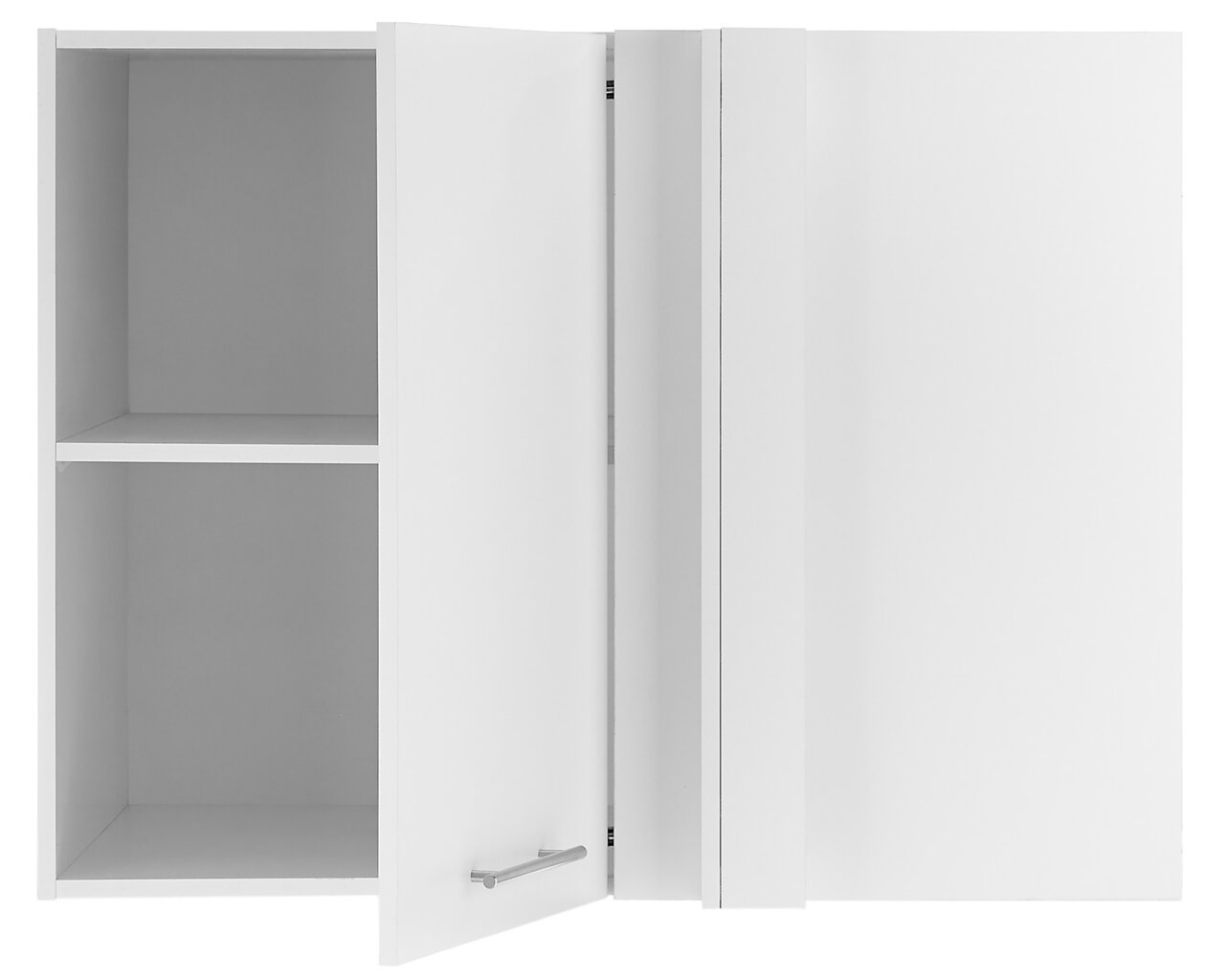 Weißer Eckschrank mit geöffneter Tür, zeigt zwei Regalböden, Frontalansicht