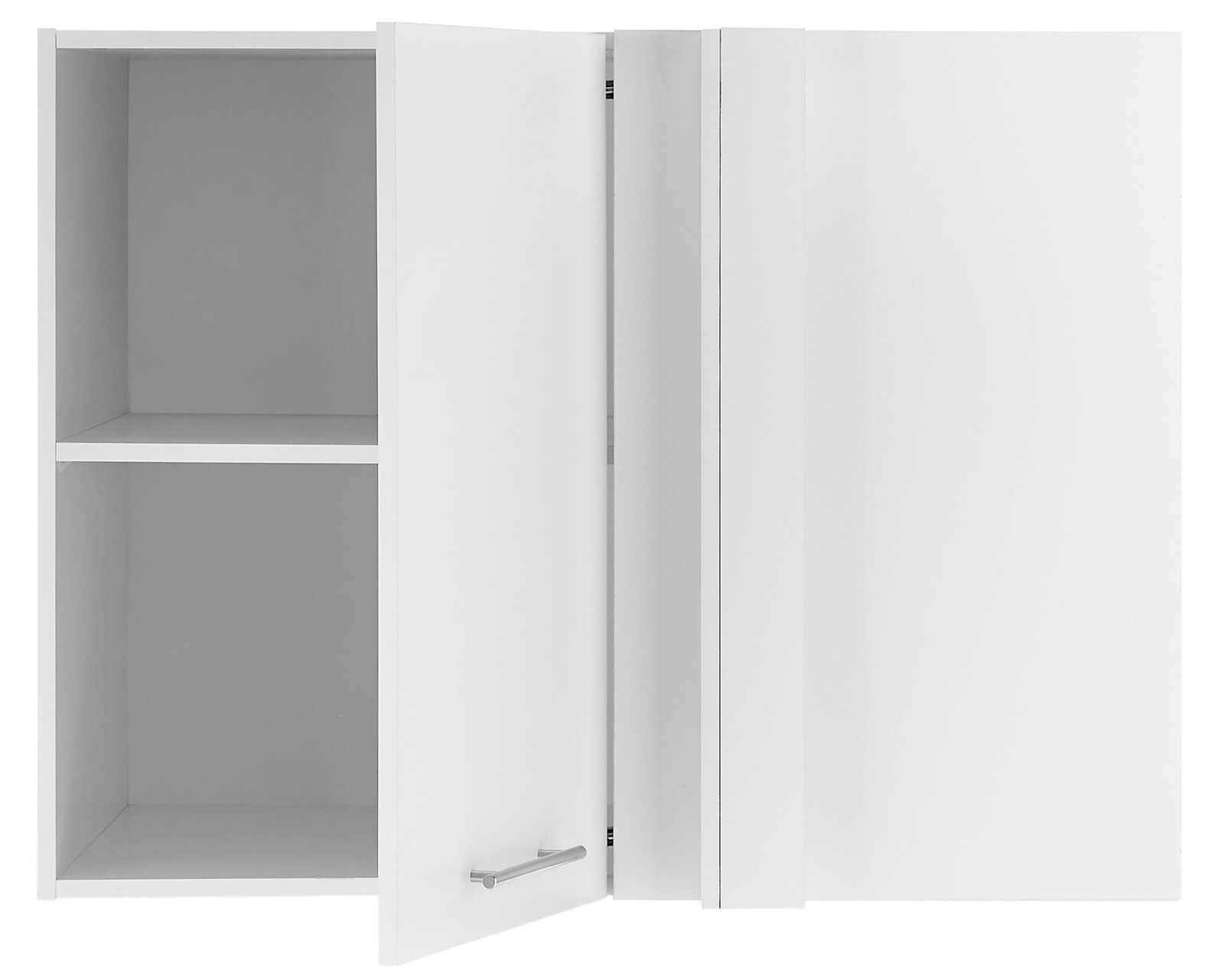Weißer Eckschrank mit geöffneter Tür, zeigt zwei Regalböden, Frontalansicht