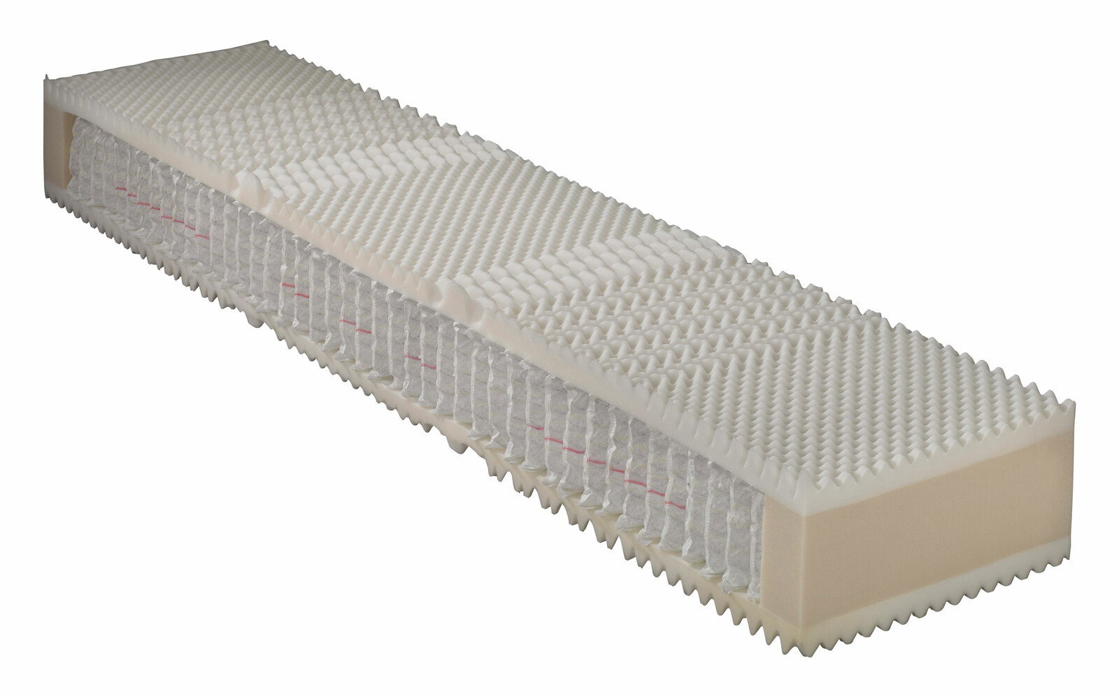 Taschenfederkernmatratze in seitlicher Perspektive mit sichtbarem Schichtaufbau und strukturiertem Obermaterial.