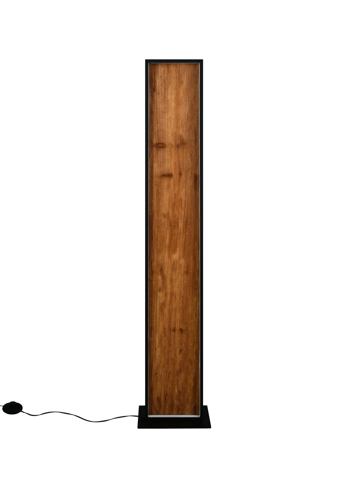 Stehleuchte mit rechteckigem Holzdesign und schwarzem Rahmen, frontal betrachtet