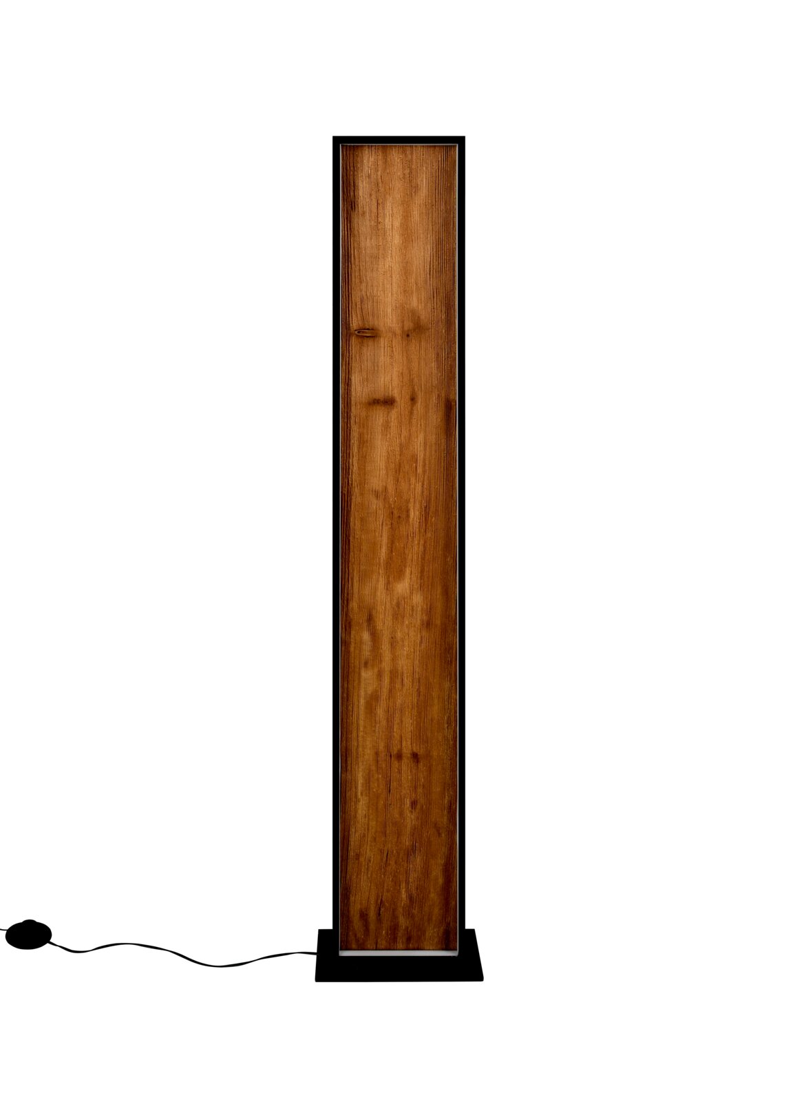 Stehleuchte mit rechteckigem Holzdesign und schwarzem Rahmen, frontal betrachtet