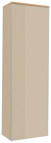 Hoher, schmaler Schrank in Beige mit heller Holzplatte oben und silberfarbenen Kanten, freigestellt auf weißem Hintergrund, Ansicht schräg von vorne links.