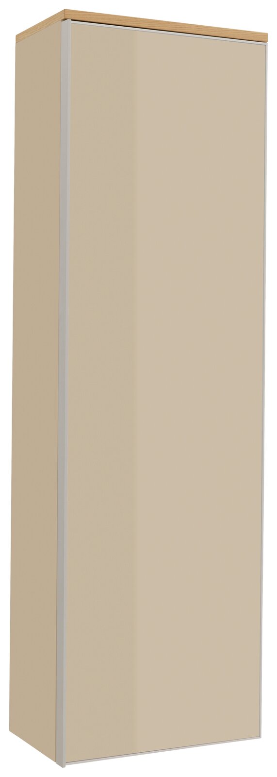 Hoher, schmaler Schrank in Beige mit heller Holzplatte oben und silberfarbenen Kanten, freigestellt auf weißem Hintergrund, Ansicht schräg von vorne links.