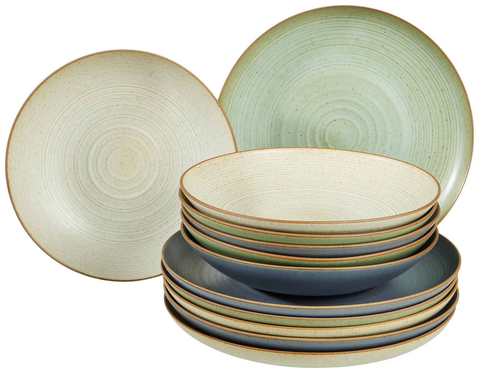 Tafelset Nature 12-tlg. aus Keramik in verschiedenen Grüntönen, gestapelt und von vorne fotografiert