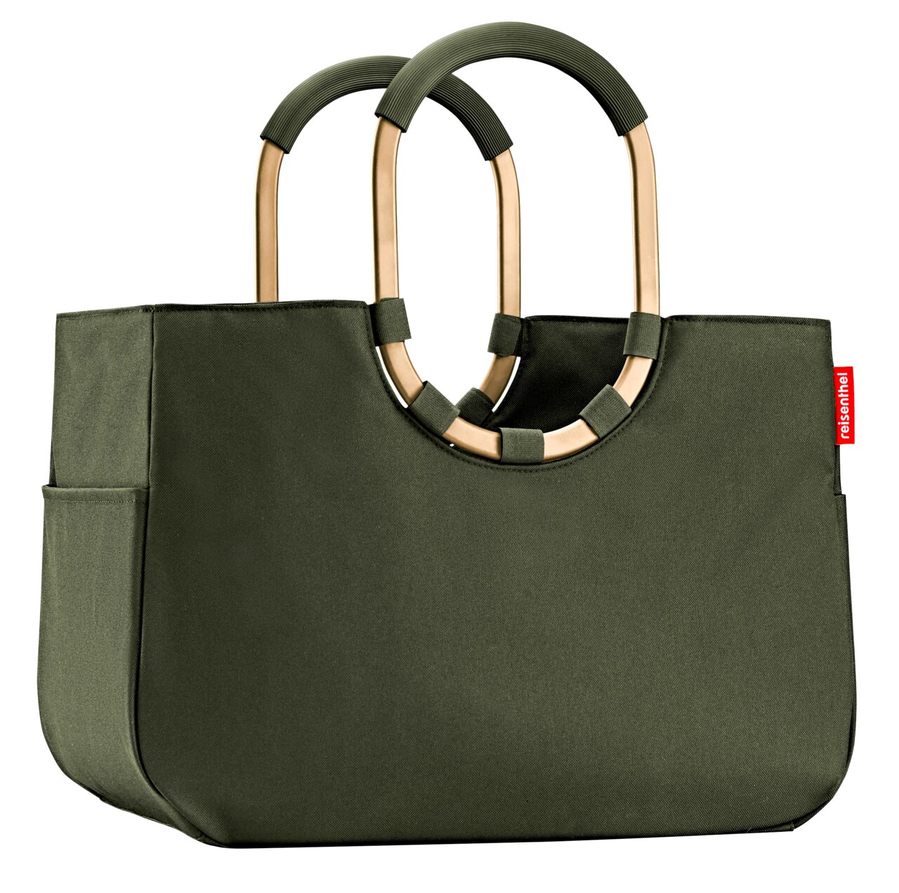 Reisenthel Loopshopper L Urban Forest Gold Grüne Einkaufstasche mit ovalen Griffen aus Metall, seitliche Perspektive