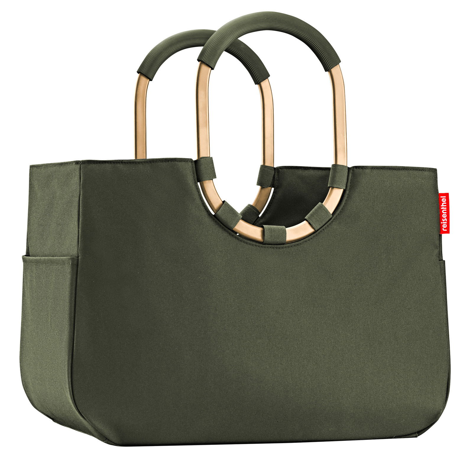 Reisenthel Loopshopper L Urban Forest Gold Grüne Einkaufstasche mit ovalen Griffen aus Metall, seitliche Perspektive