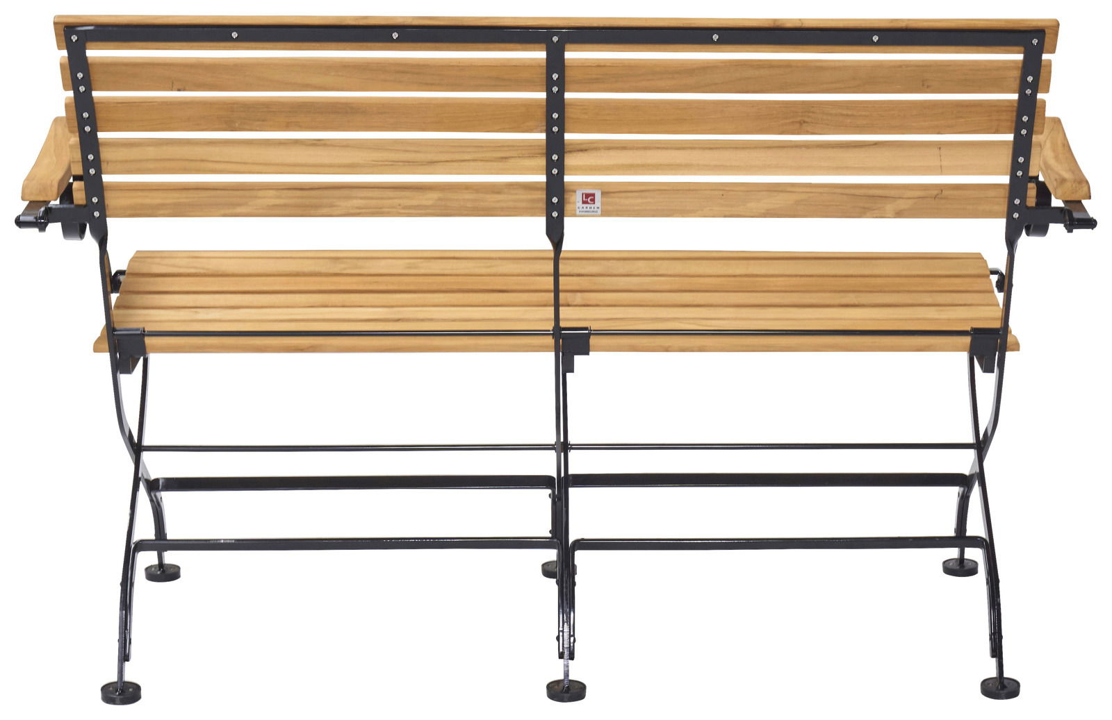 Rückansicht einer klappbaren Gartenbank aus Holz mit Metallrahmen.