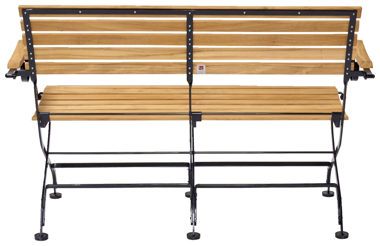 Rückansicht einer klappbaren Gartenbank aus Holz mit Metallrahmen.