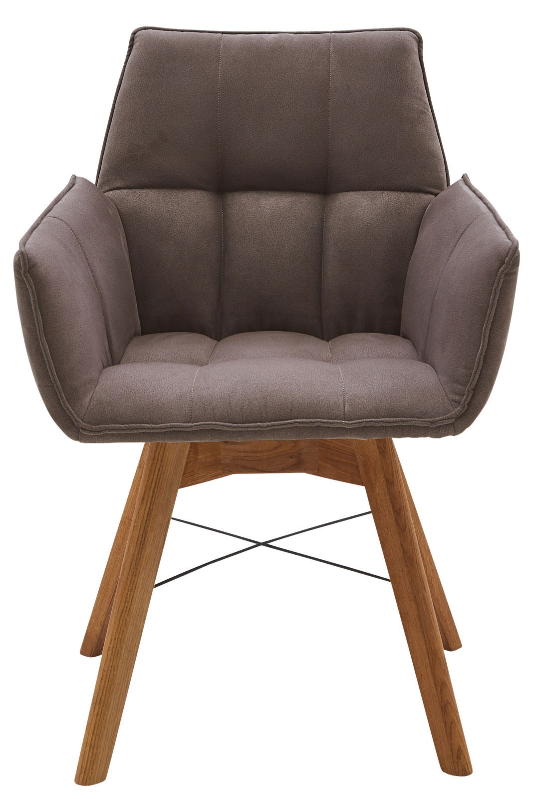 Grauer Armlehnenstuhl mit Holzbeinen, Vorderansicht