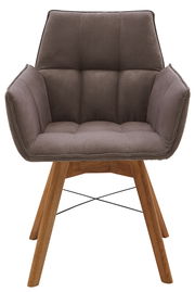 Grauer Armlehnenstuhl mit Holzbeinen, Vorderansicht