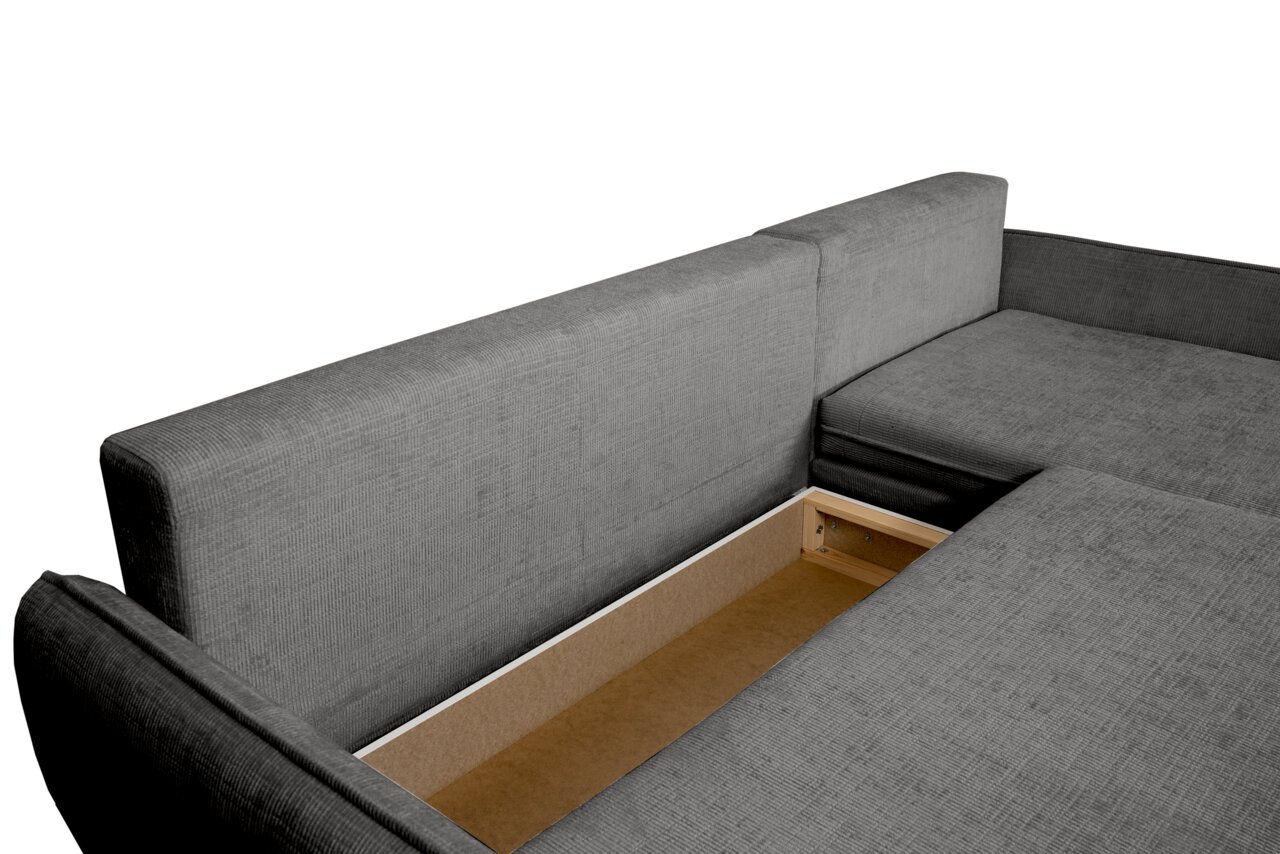 Graue Rundecke mit geöffneter Stauraumfunktion, seitliche Perspektive