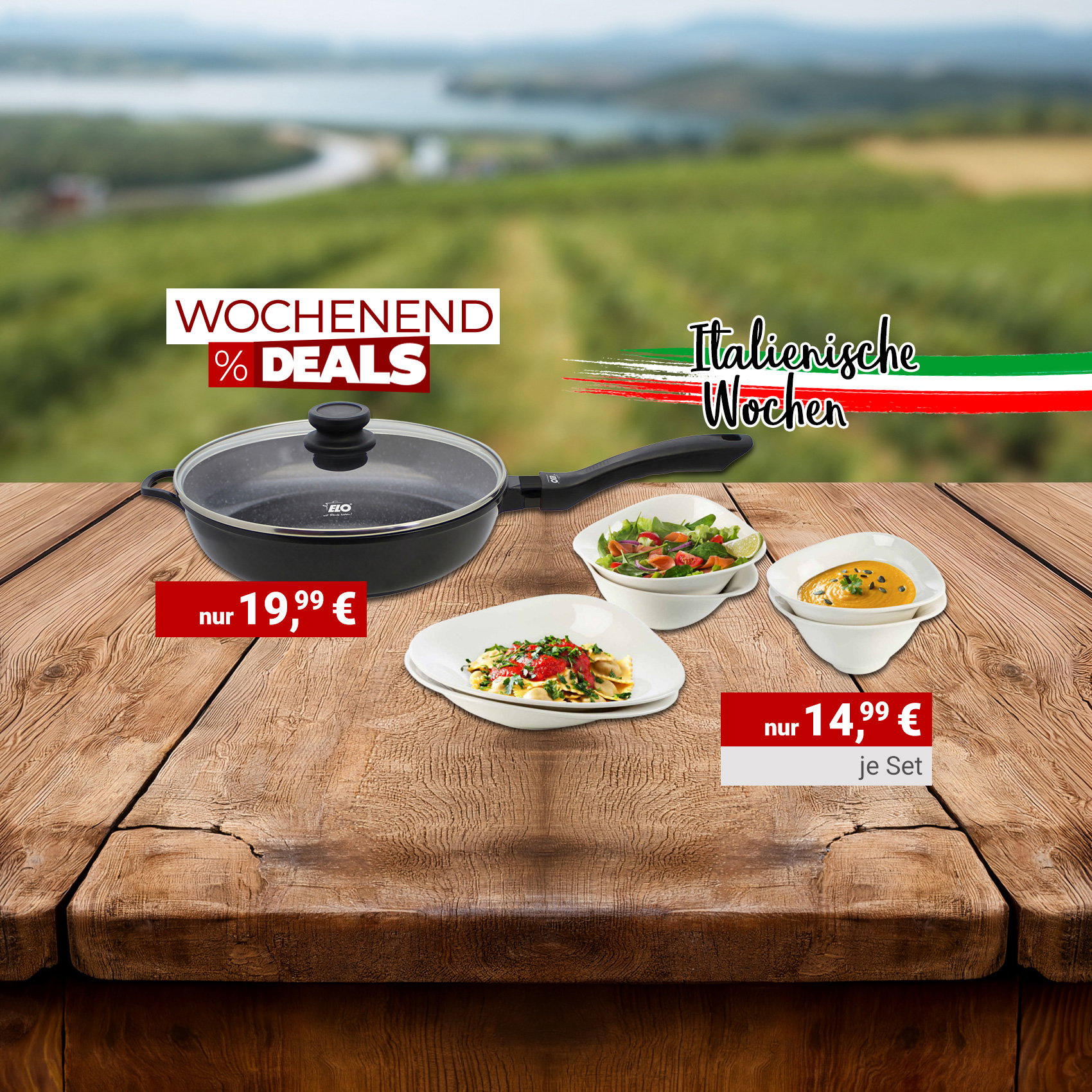 Wochenend-Deals: Pfanne und Geschirr-Set im Angebot, italienische Wochen, vor Landschaft mit See und Weinbergen