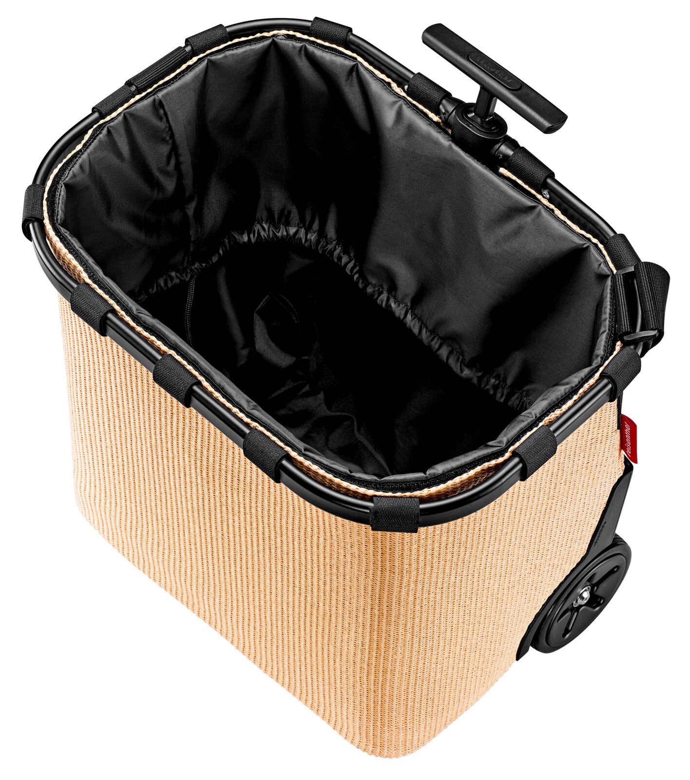 Bovenaanzicht van een beige carrycruiser met zwarte binnenvoering en telescopische handgreep.