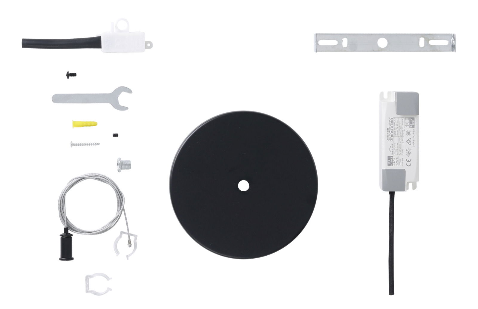 Verschiedene Komponenten eines LED-Lichtschlauch-Sets, von oben betrachtet, inklusive Montagezubehör und Kabel.