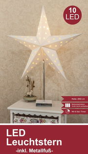 LED Leuchtstern mit Metallfuß, 60 cm groß, batteriebetrieben, auf einem Tisch stehend, frontal fotografiert.