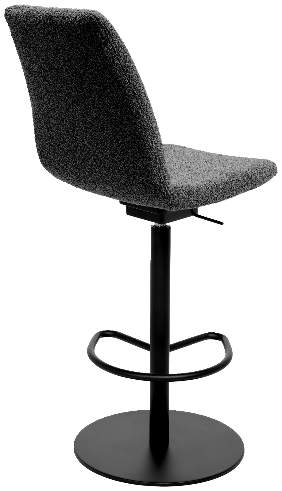 Achterkant van een moderne barkruk met een zwart metalen frame en een grijze, gestoffeerde zitting.