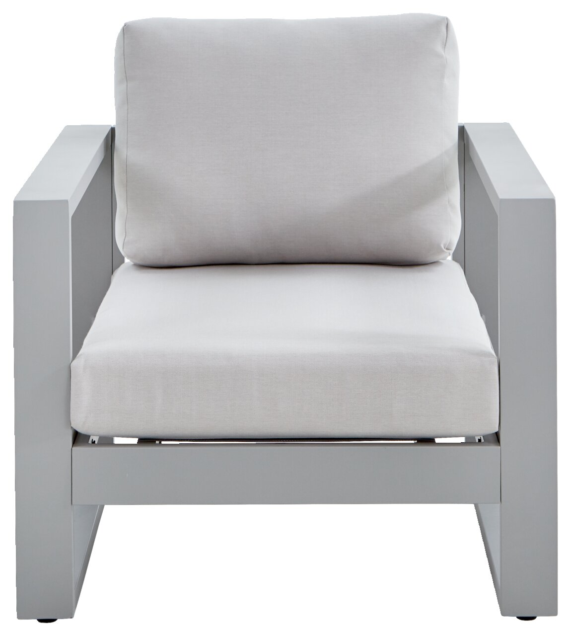 Moderner Lounge-Sessel mit grauem Metallrahmen und hellgrauen Kissen, Frontalansicht