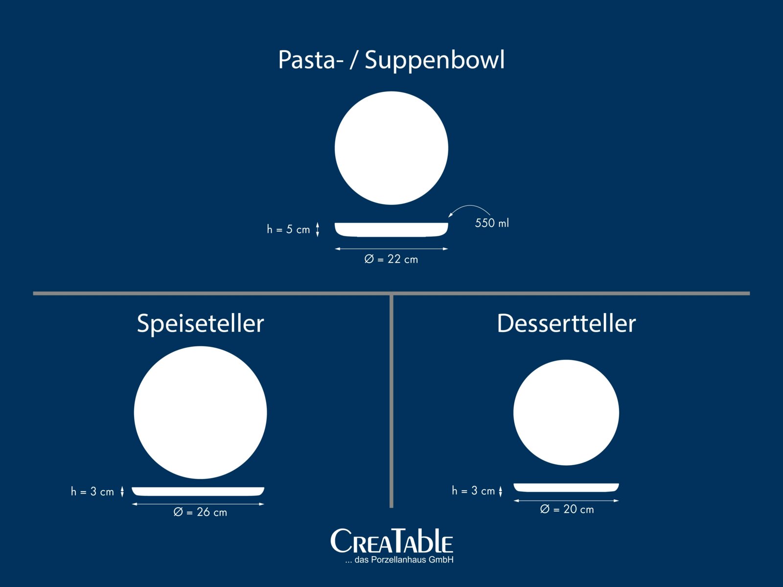 Grafische Maßskizze einer Pasta-/Suppenbowl mit 550 ml Fassungsvermögen, Ø 22 cm und Höhe 5 cm; dargestellt in Draufsicht und Seitenansicht.