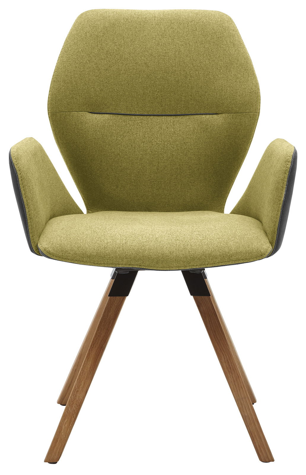 Grüner Armlehnenstuhl mit Holzbeinen, Frontalansicht