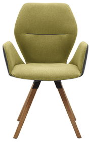 Grüner Armlehnenstuhl mit Holzbeinen, Frontalansicht