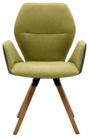 Grüner Armlehnenstuhl mit Holzbeinen, Frontalansicht